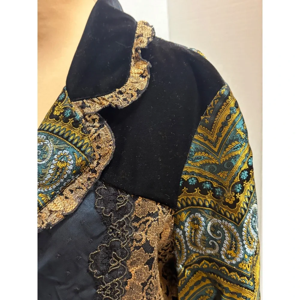 Coldwater Creek Paisley Blazer PM Boho Velvet Lace Teal Gold Romantic Jacket VTG - Picture 5 of 9